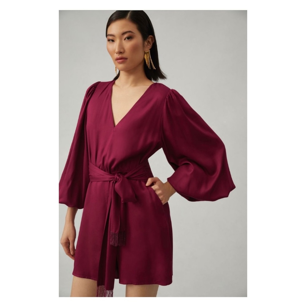 NWT Anthropologie Farm Rio Bell Sleeve Romper in Plum / Size Large